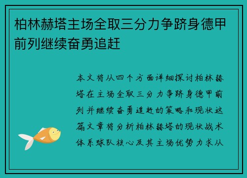 柏林赫塔主场全取三分力争跻身德甲前列继续奋勇追赶