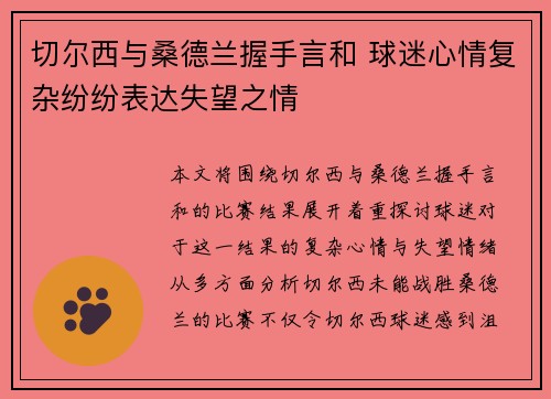 切尔西与桑德兰握手言和 球迷心情复杂纷纷表达失望之情